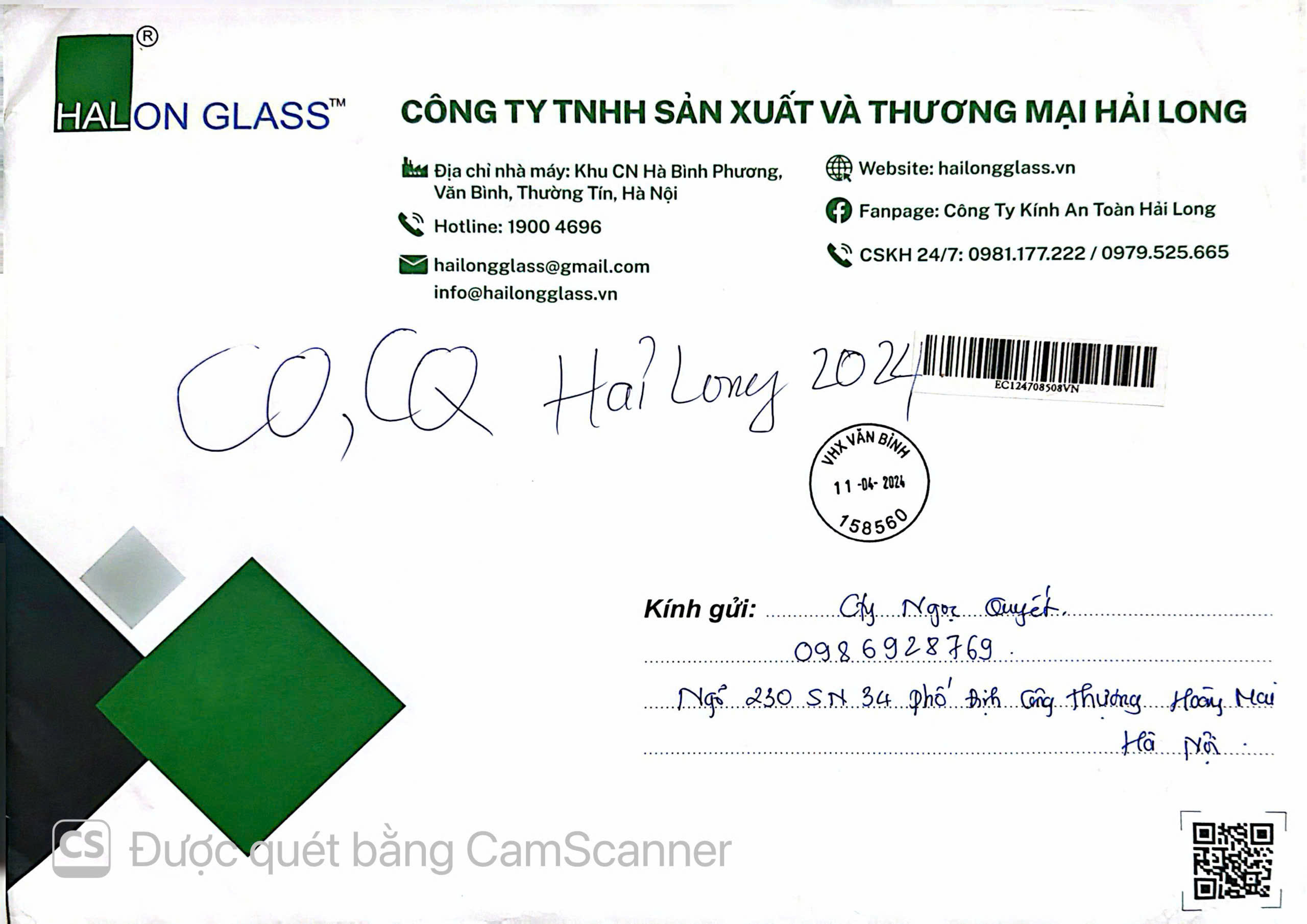 Chứng từ Hải Long Glass có ghi tên Công ty Ngọc Quyết và thông tin liên hệ